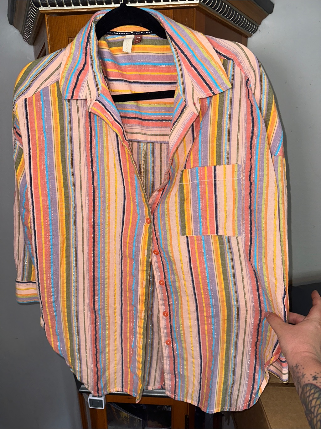 Pilcro Multicolor Striped Button-Down Shirt - Pink, Yellow, Blue, Cream
